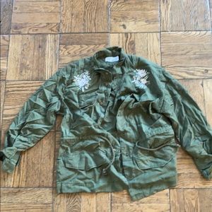 Green army style shirt with floral embroidery